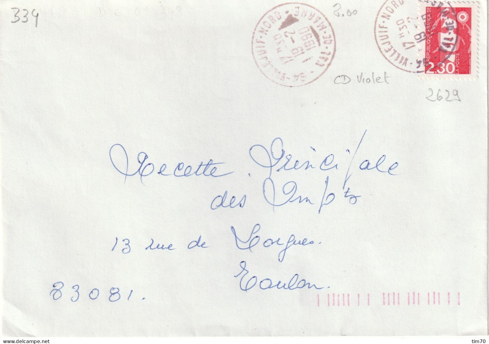 CAD  / N°  2629  (  VIOLET  ) 94 - VILLEJUIF - NORD - Manual Postmarks