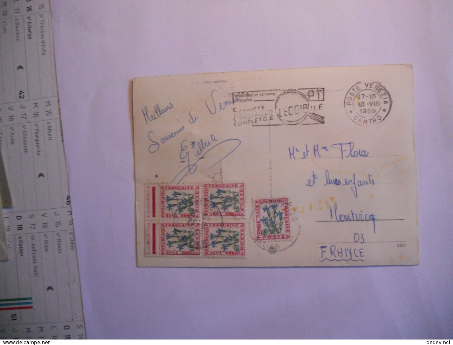 Carte Postale Envoyé D'Italie Sans Timbres Taxée - 1961-....