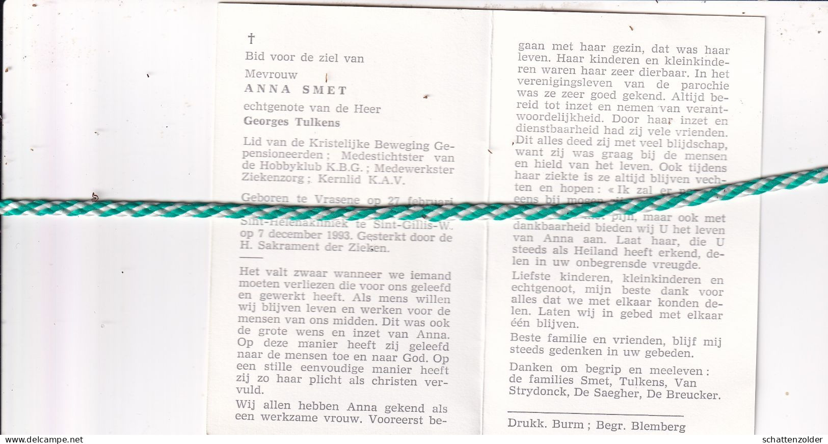 Anna Smet-Tulkens, Vrasene 1918, Sint-Gillis-Waas 1993. - Obituary Notices