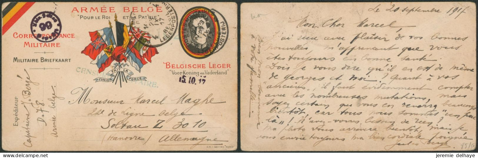 Carte Correspondance Militaire (Albert) Expédié Via P.M.B. 4 (1917) + Censure Verte > Prisonnier Belge à Soltau. - Esercito Belga