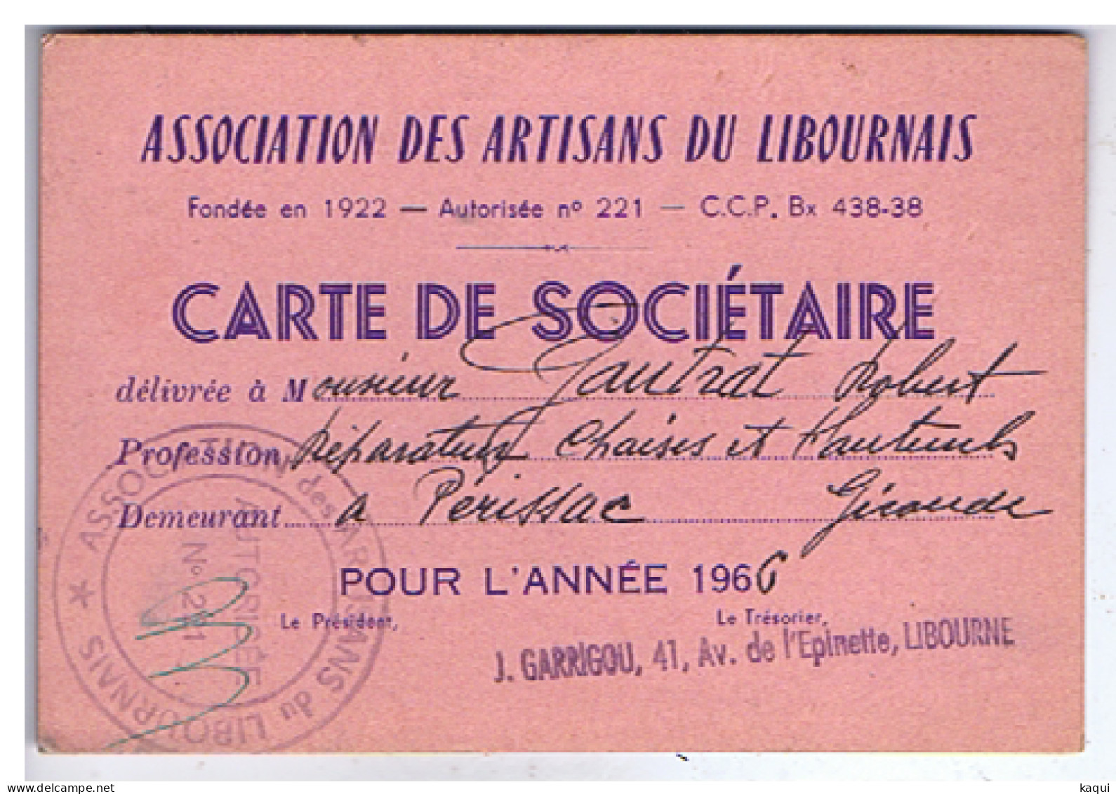 GIRONDE - LIBOURNE - Carte De Sociétaire - Association Des Artisans Du Libournais - 1966 - Tarjetas De Membresía
