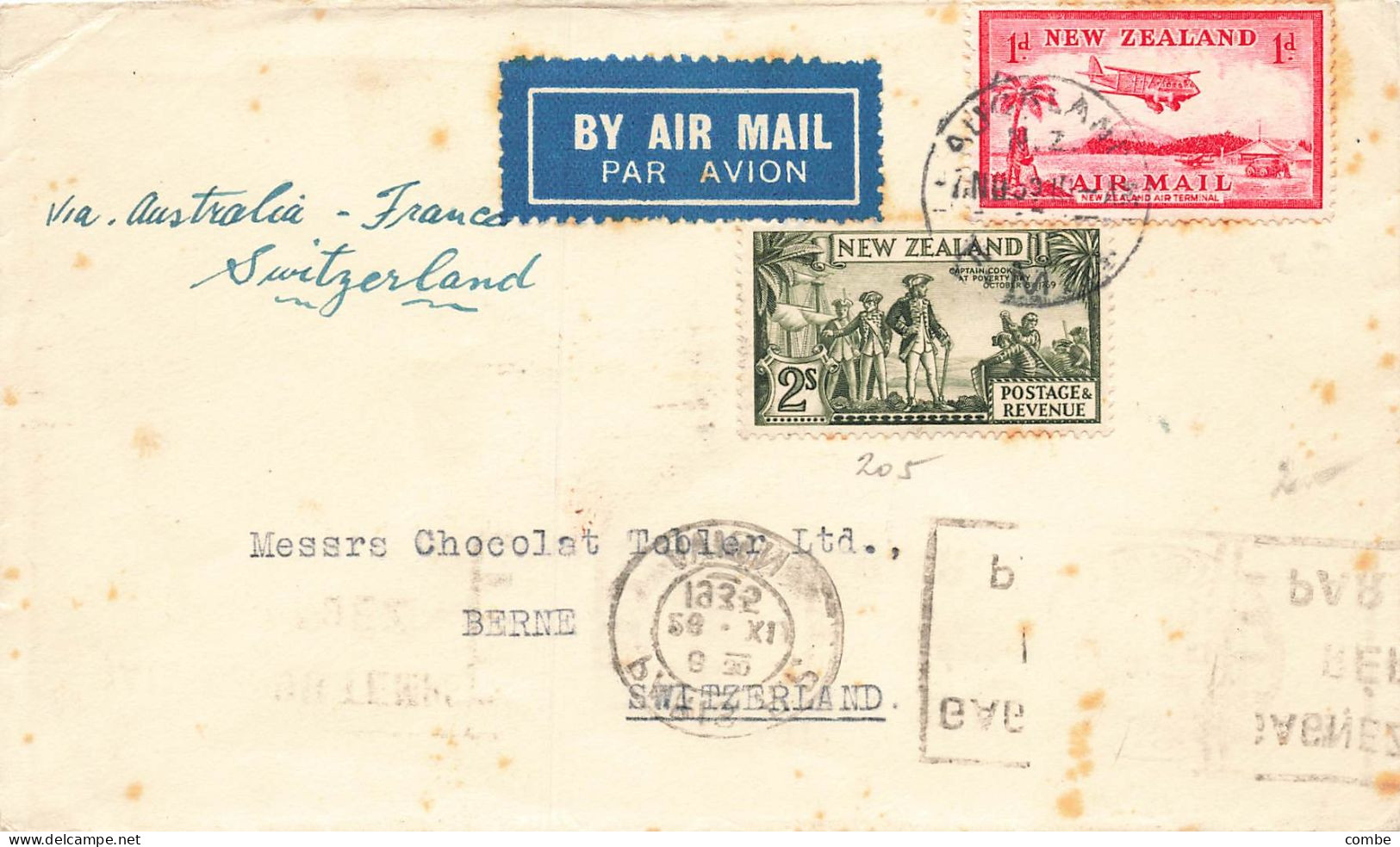 COVER. NEW ZEALAND. BY AIR MAIL. AUCKLAND TO BERNE SWITZERLAND. VIA AUSTRALIA - Storia Postale