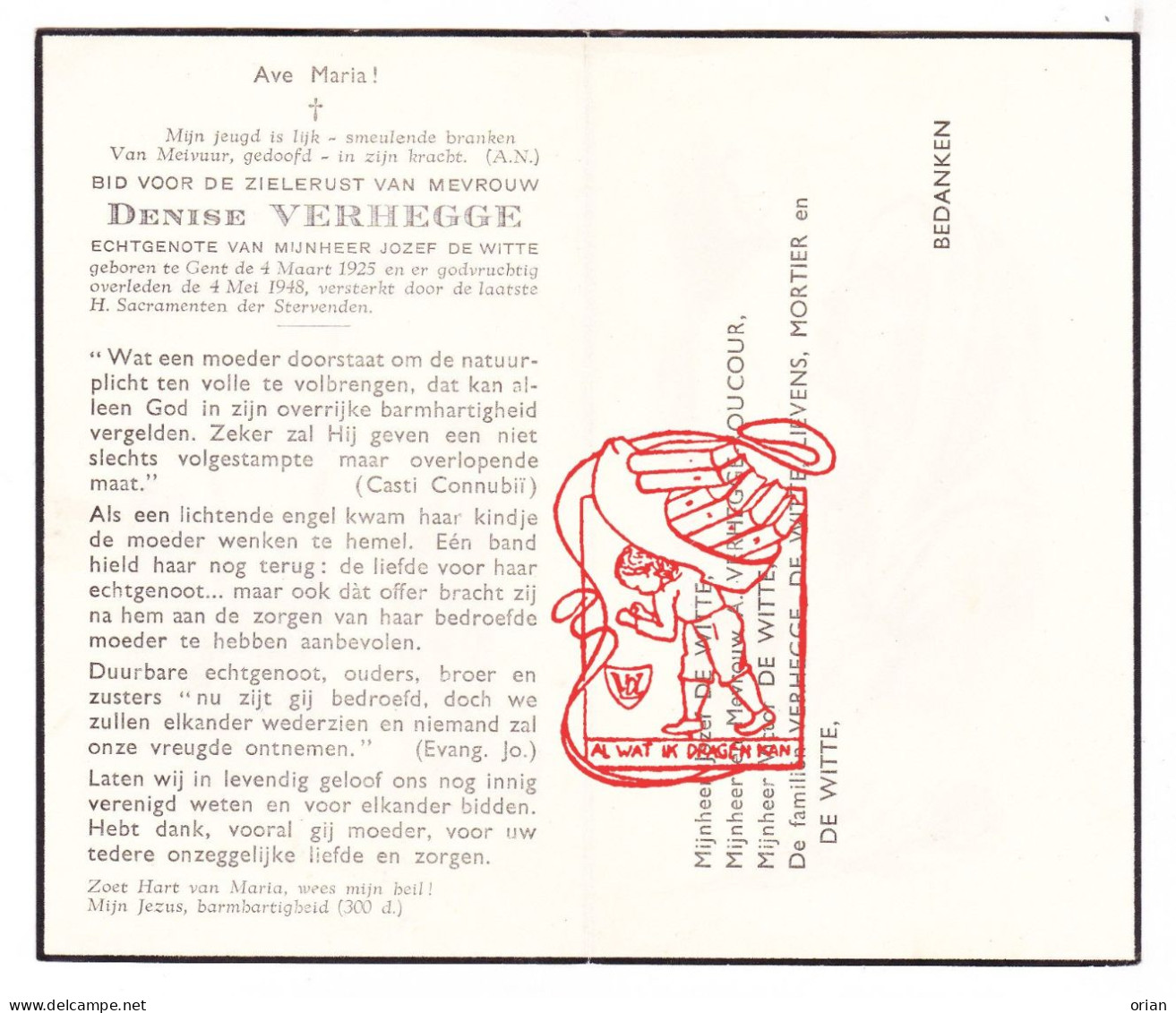 DP Denise Verhegge 23j. ° Gent 1925 † 1948 X Jozef De Witte // Roucour Lievens Mortier - Andachtsbilder