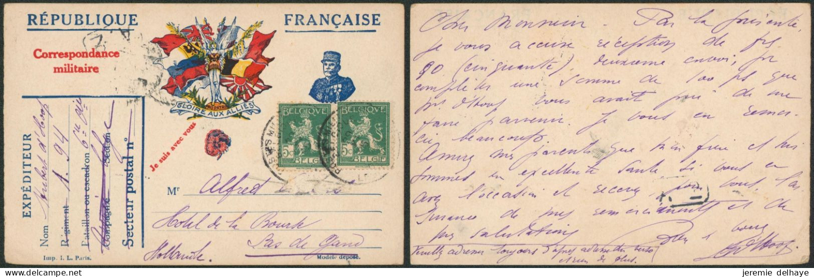 Correspondance Militaire (république Française) + N°110 X2 Obl P.M.B. (1915) > Hotel De La Bourse à Sas De Hand (Holland - Belgische Armee