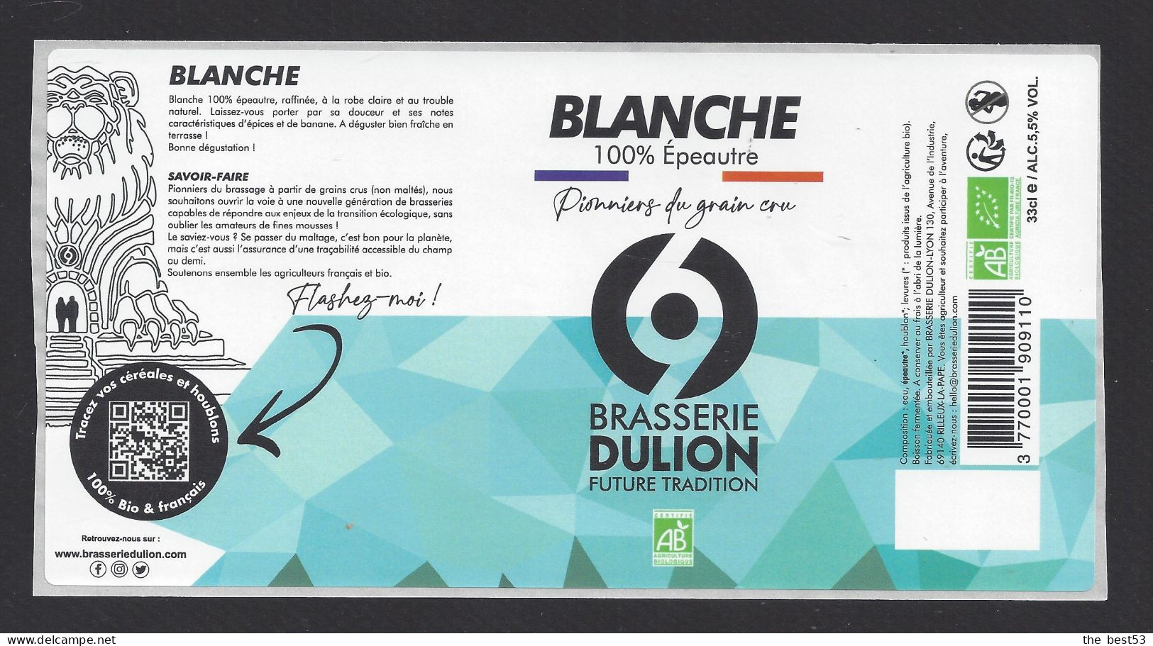 Etiquette De Bière Blanche 100% épeautre  -  Brasserie Dulion  à  Rillieux La Pape   (69) - Beer