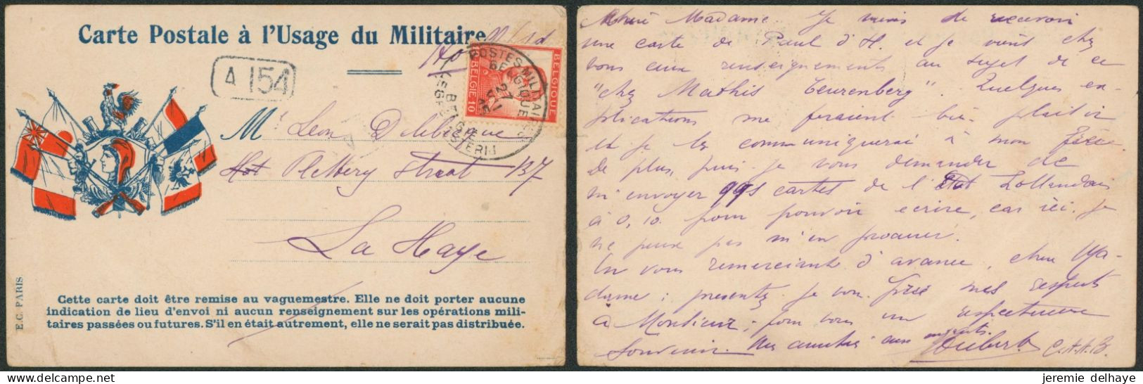 Carte Postale à L'usage Du Militaire + 10ctm Pellens Obl P.M.B. (1915) > LA Haye / Franchise Biffé. - Belgisch Leger