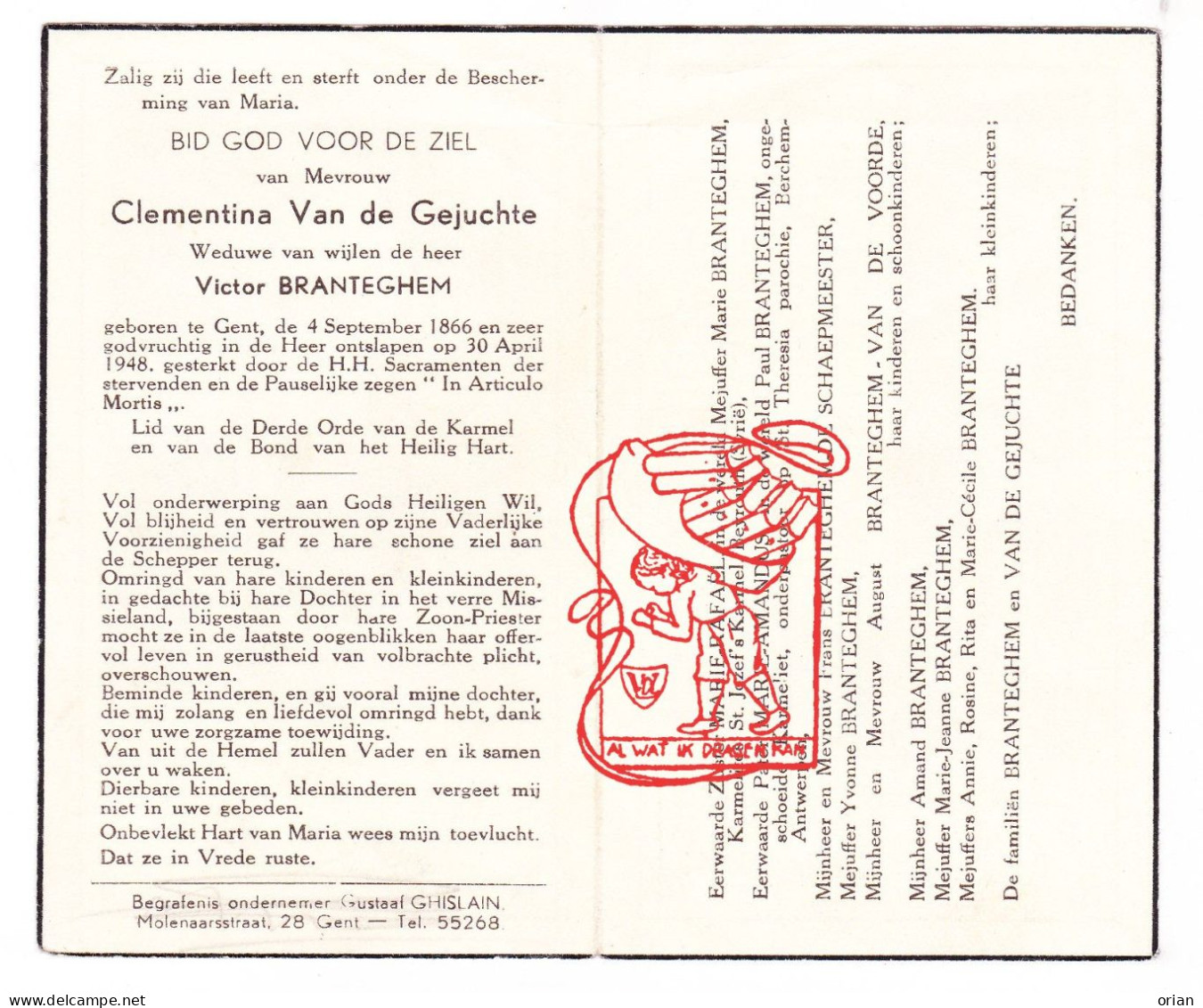 DP Clementina Van De Gejuchte ° Gent 1866 † 1948 X Victor Branteghem // De Schaepmeester Vandevoorde - Images Religieuses