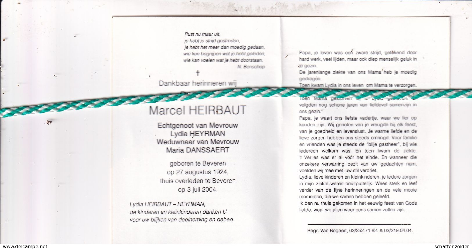 Marcel Heirbaut-Heyrman-Danssaert, Beveren 1924, 2004. Foto - Overlijden