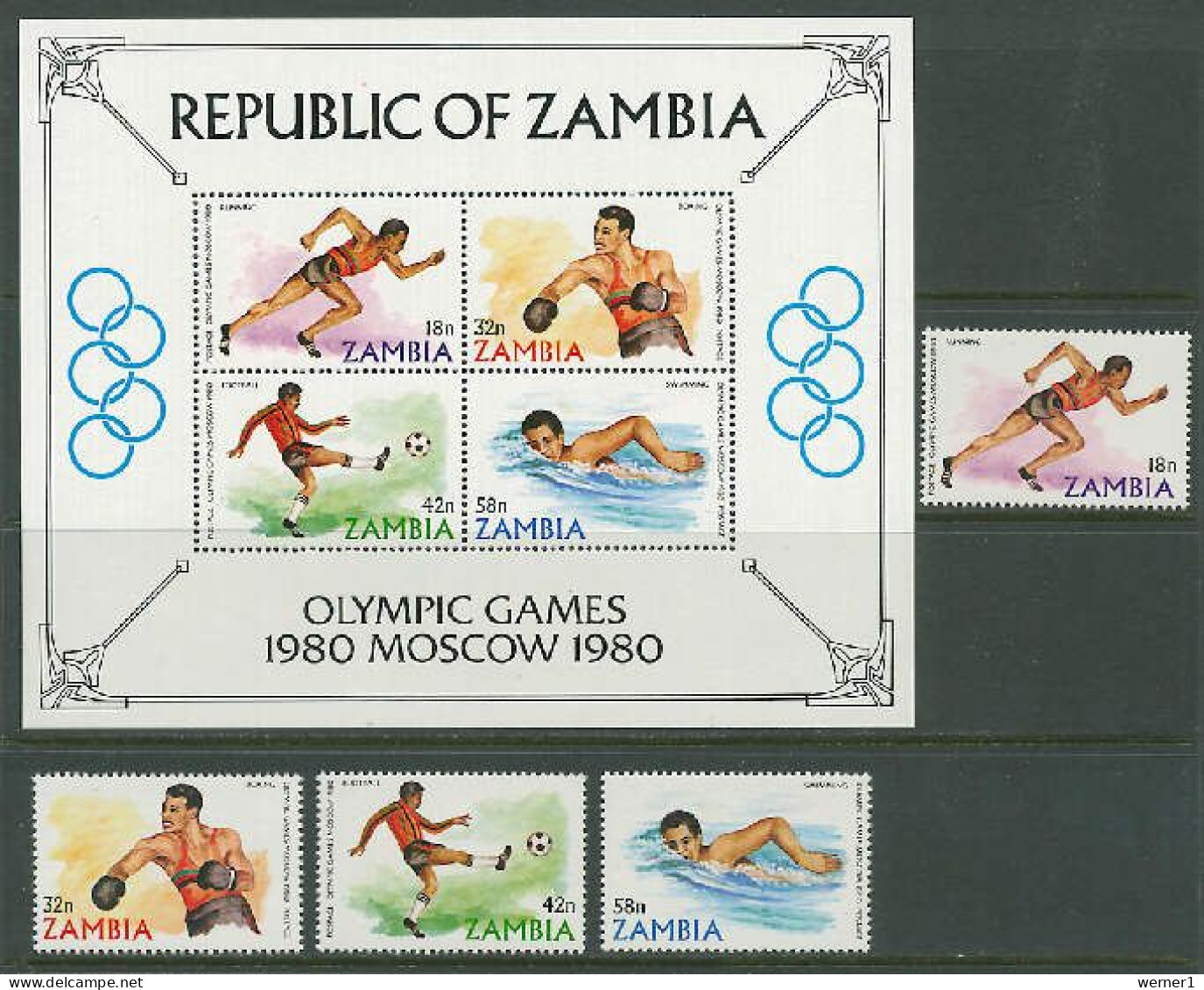 Zambia 1980 Olympic Games Moscow, Athletics, Football Soccer, Boxing, Swimming Set Of 4 + S/s MNH - Summer 1980: Moscow