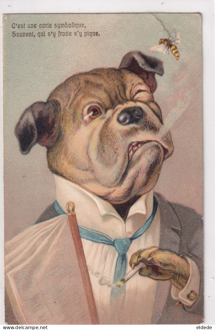 Bouledogue Humain Fumant Et Guepe . Bulldog And Wasp Embossed Gaufrée - Chiens