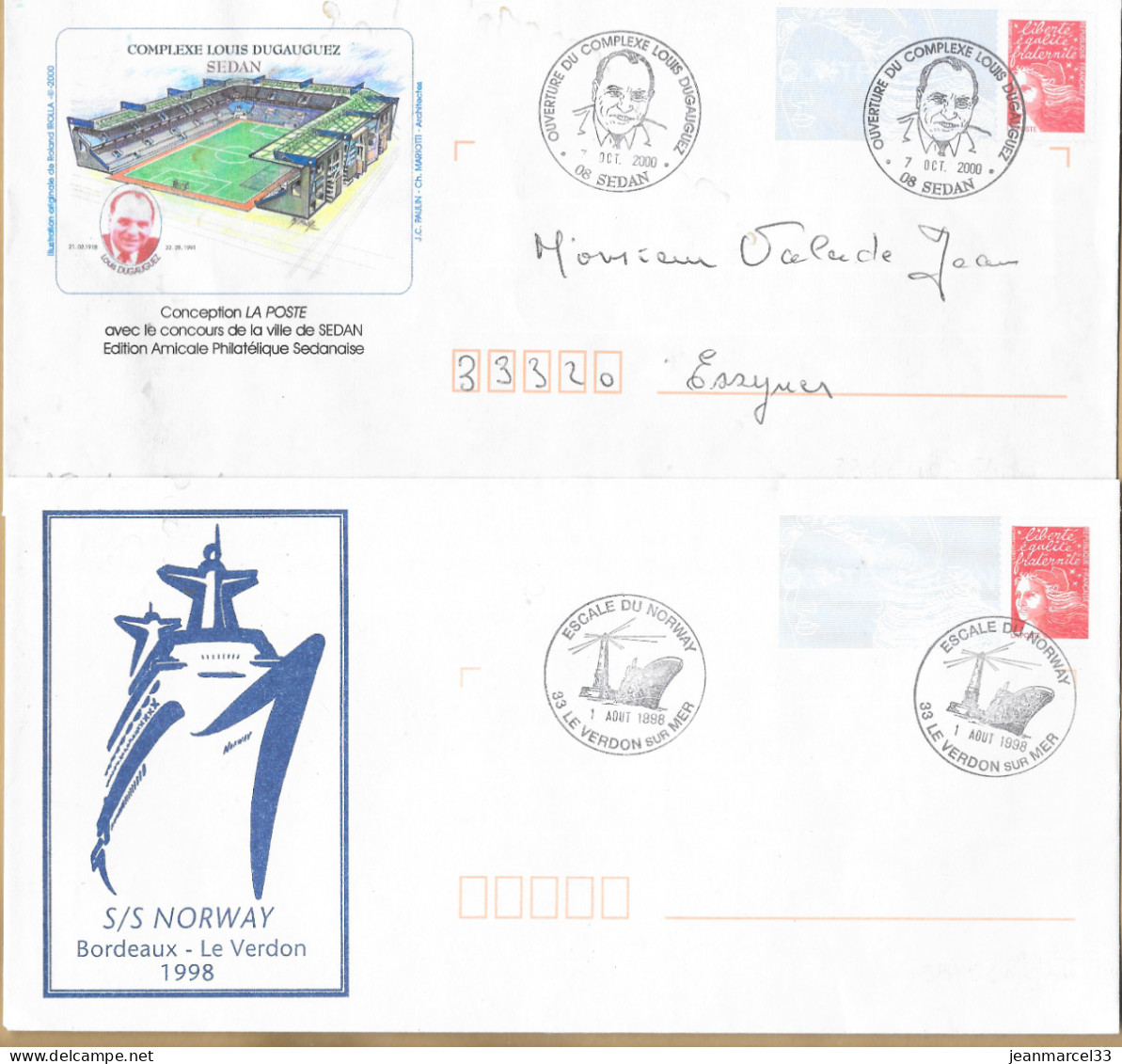 Entiers Enveloppes Commerciales Timbres Luquet Oblitération Manuel Temporaire Sedan 2000 Et Le Verdon Sur Mer 1998 - Enveloppes Repiquages (avant 1995)