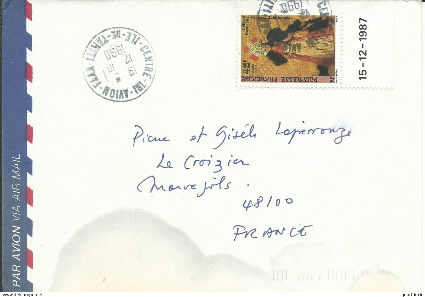 POLYNESIE LETTRE  42F ( Bord Daté ) TAHITI POUR MARVEJOLS ( LOZERE ) DE 1990  LETTRE COVER - Briefe U. Dokumente