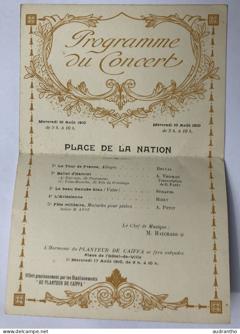 Rare Programme Concert 1910 Harmonie Du Planteur De Caïffa 13 Rue Joanès - Fanfare Musique - Place De La Nation Paris - Programme