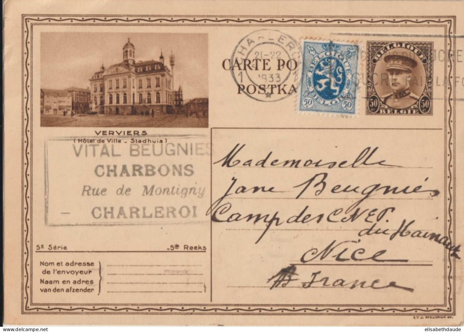 BELGIQUE - 1933 - CP ENTIER ILLUSTREE BILDPOSTKARTE (VERVIERS) De CHARLEROI => NICE - Postkarten 1909-1934