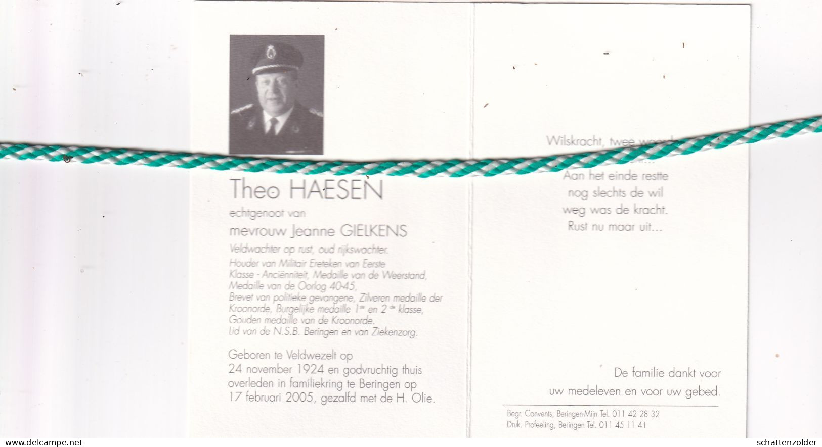 Theo Haesen-Gielkens, Veldwezelt 1924, Beringen 2005. Oud-Rijkswachter, Veldwachter O.r. Foto - Obituary Notices
