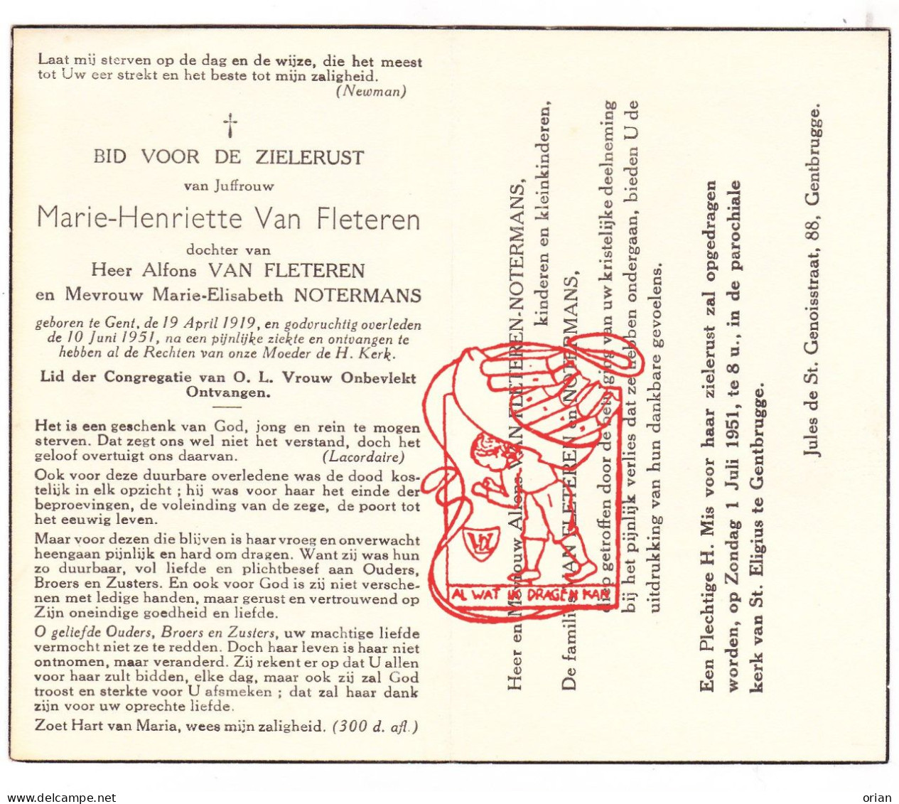 DP Juff. Marie Henriette Van Fleteren / Notermans 32j. ° Gent 1919 † 1951 // Gentbrugge - Devotion Images