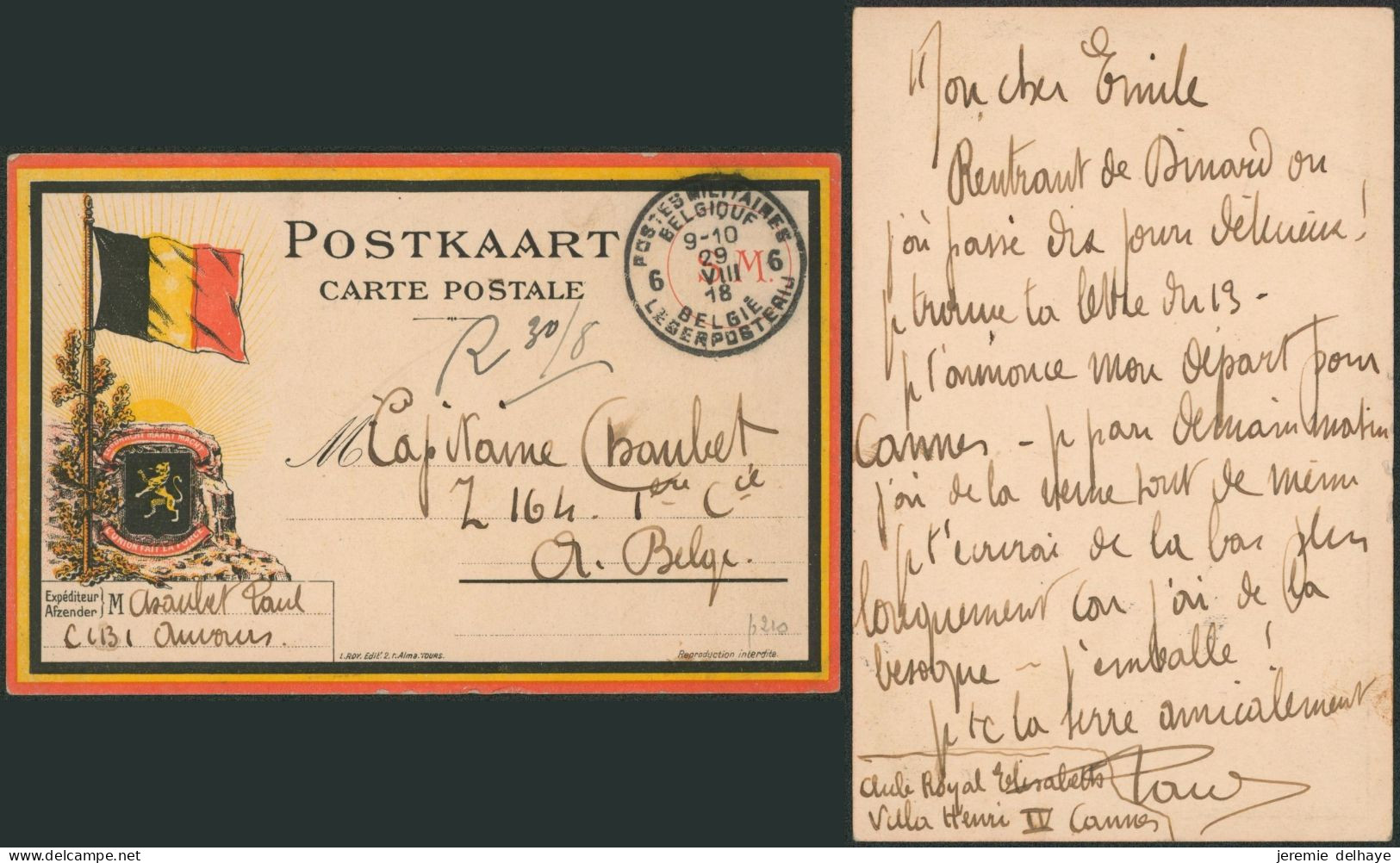 Carte Postale (drapeau) En Franchise Obl P.M.B. 6 (29/VIII/18) > Capitaine Chaulet, Arùée Belge En Campagne. - Belgisch Leger