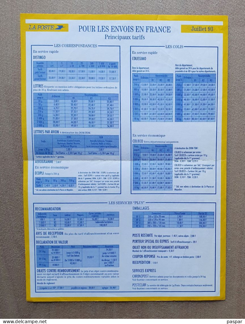 Tarifs Principaux La Poste Juillet 1993 - Feuille A4 Recto Verso - Postdokumente