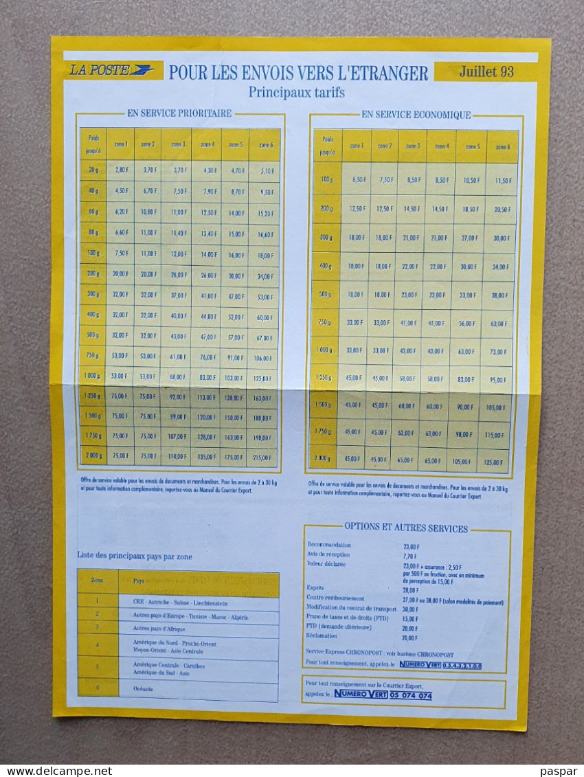 Tarifs Principaux La Poste Juillet 1993 - Feuille A4 Recto Verso - Postdokumente