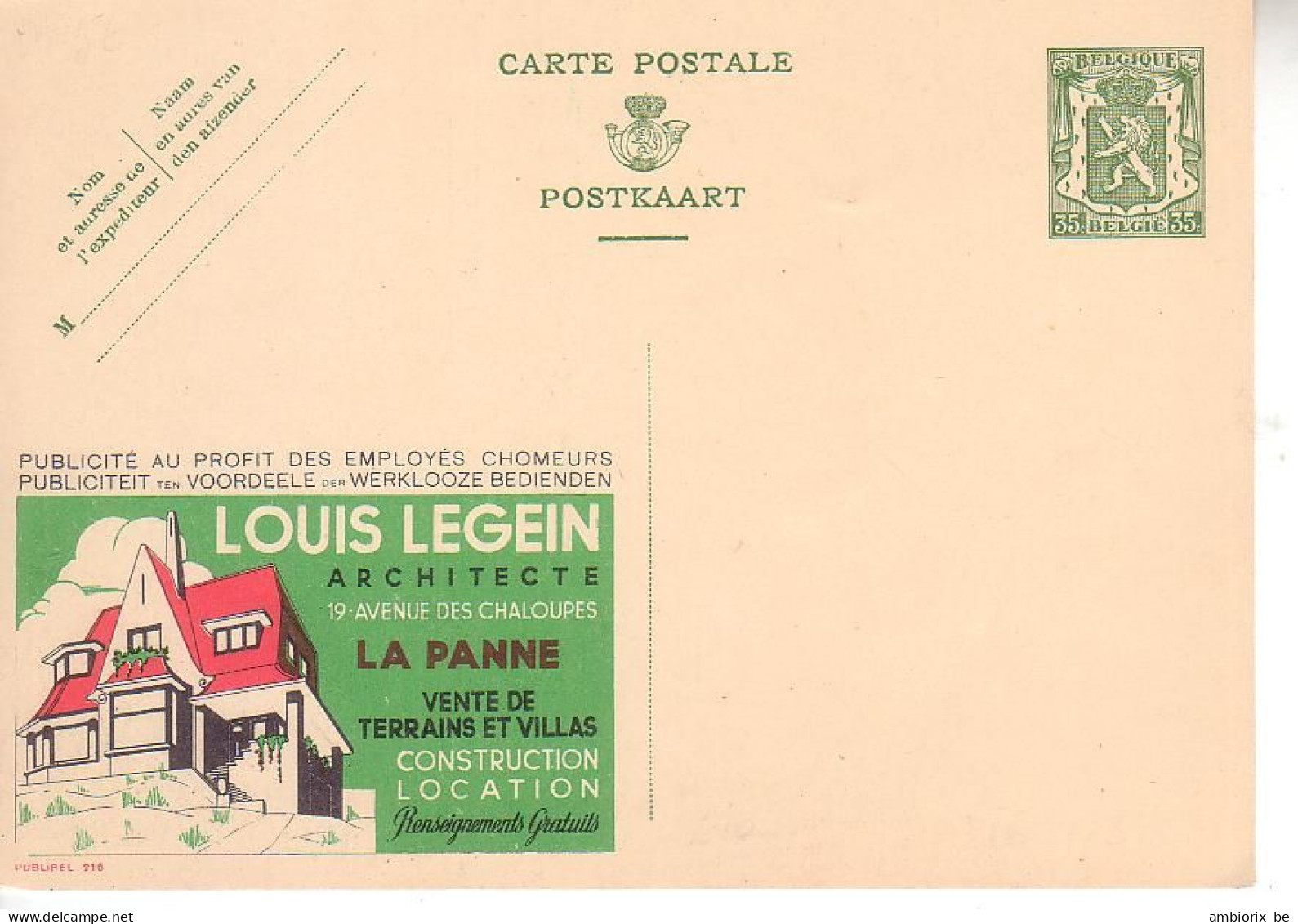 Publibel 216 ** Louis Legein Architecte La Panne - Werbepostkarten