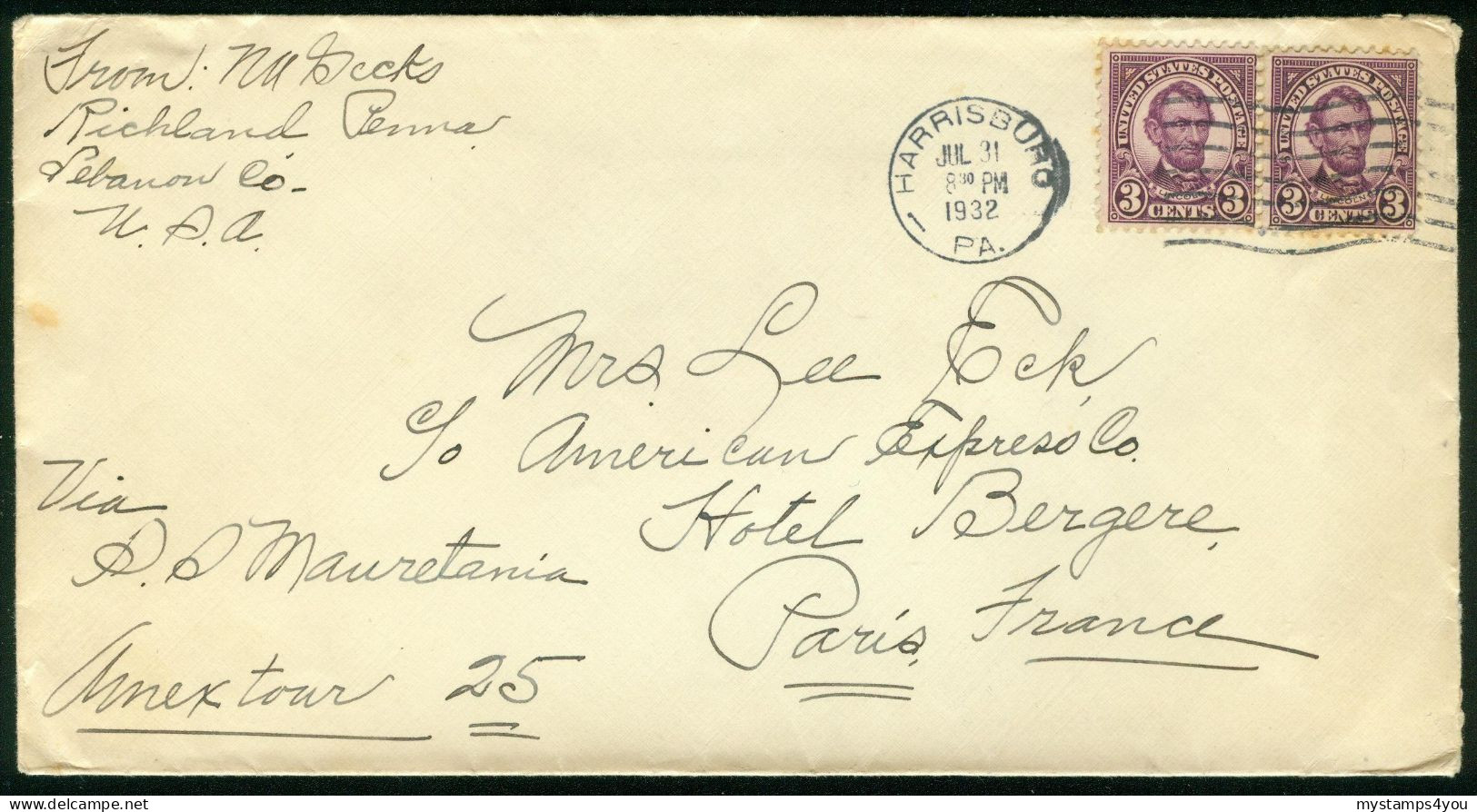 Br USA, Harrisburg PA 1932 Cover > France #bel-1056 - Cartas & Documentos