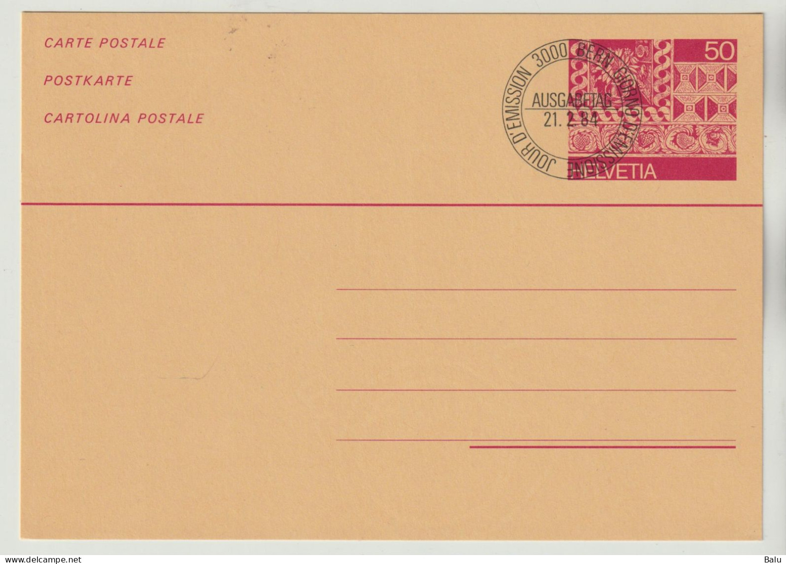 Schweiz Ganzsache 1984 Helvetia 50 Rp. Postkarte Fassadenmalerei, Ersttagsstempel Bern, Siehe 2 Scans - Entiers Postaux