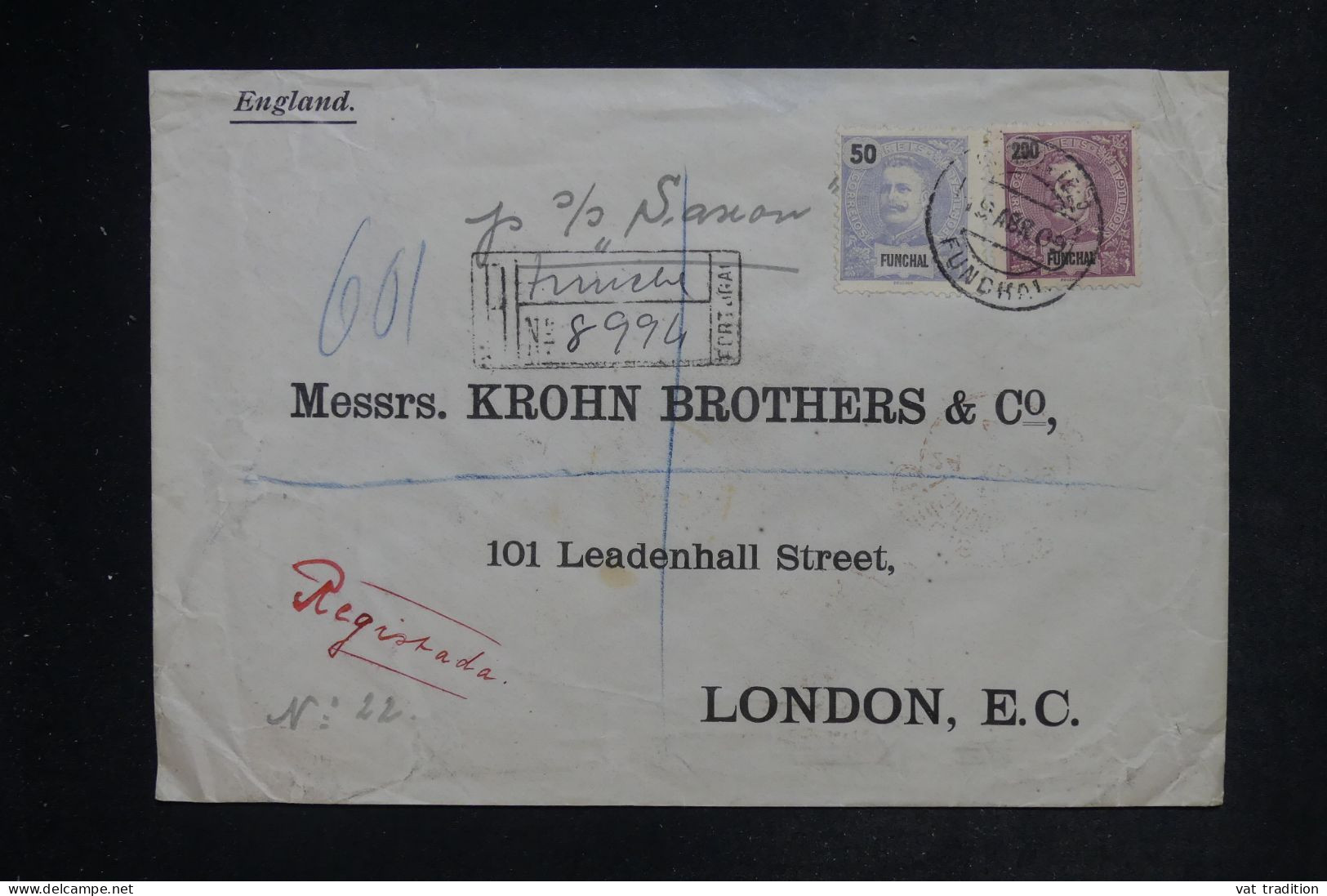 FUNCHAL - Enveloppe Commerciale En Recommandé Pour Londres En 1909 - L 152498 - Funchal