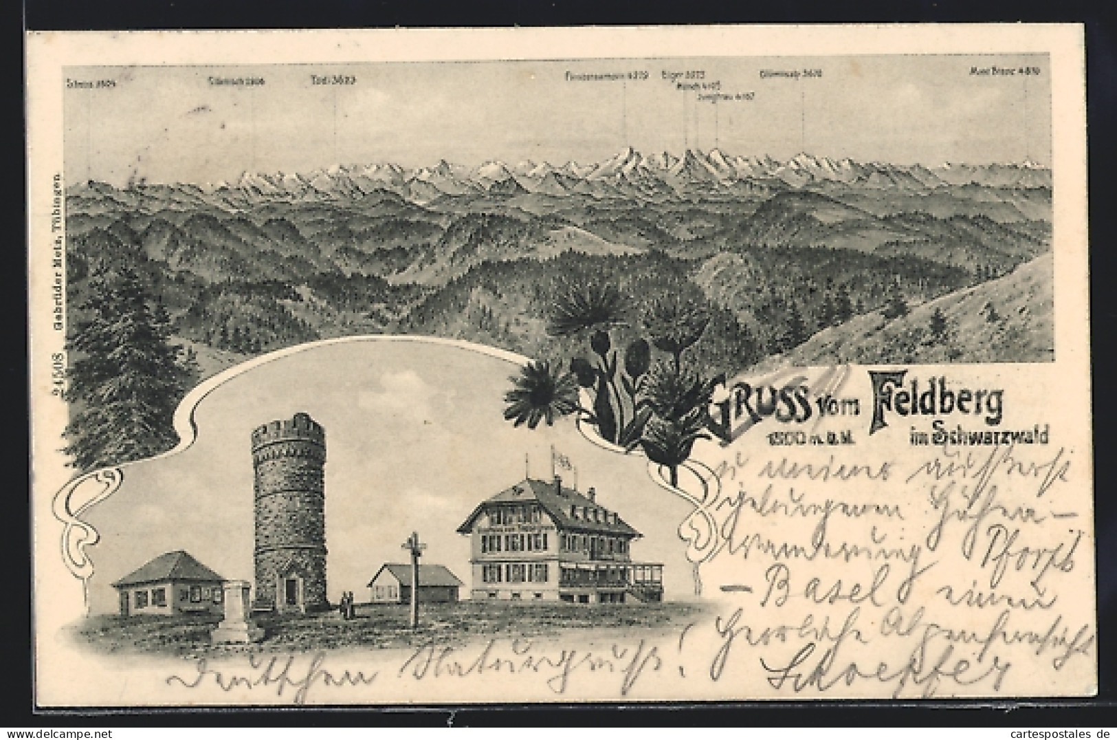 Lithographie Feldberg Im Schwarzwald, Gasthaus Zum Feldbergturm, Bergpanorama Mit Eiger, Mönch Und Jungfrau  - Feldberg