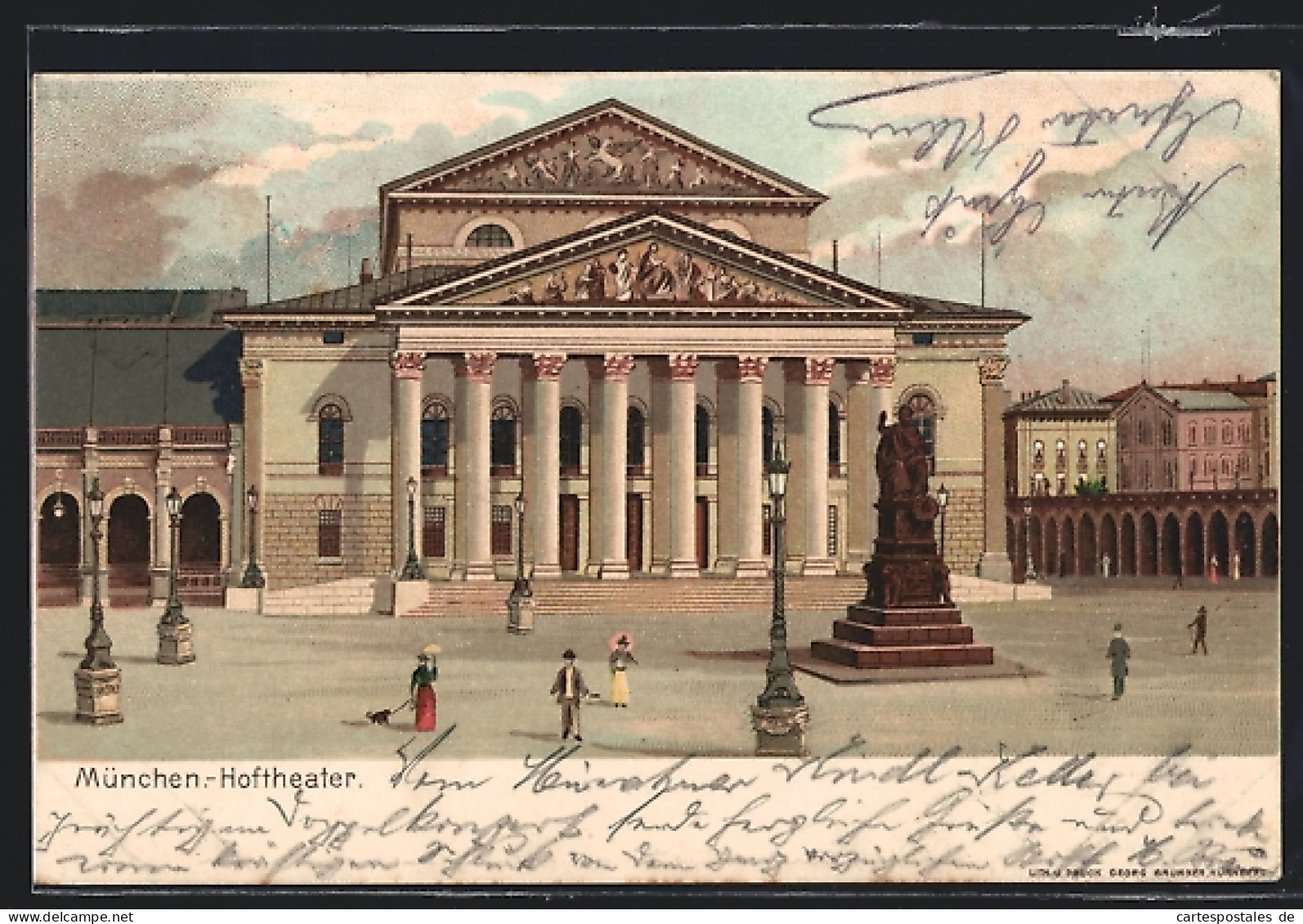 Lithographie München, Hoftheater, Denkmal, Leute  - Theatre