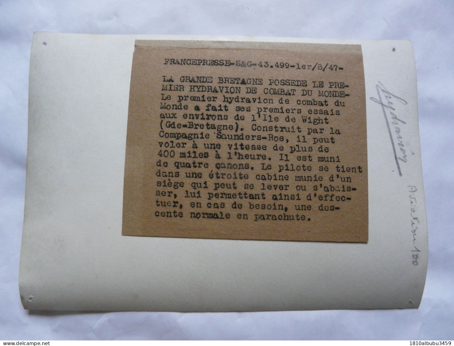 PHOTO ANCIENNE (13 X 18 Cm) : Scène Animée - PREMIER HYDRAVION DE COMBAT DU MONDE - Grande Bretagne 1947 - Luftfahrt