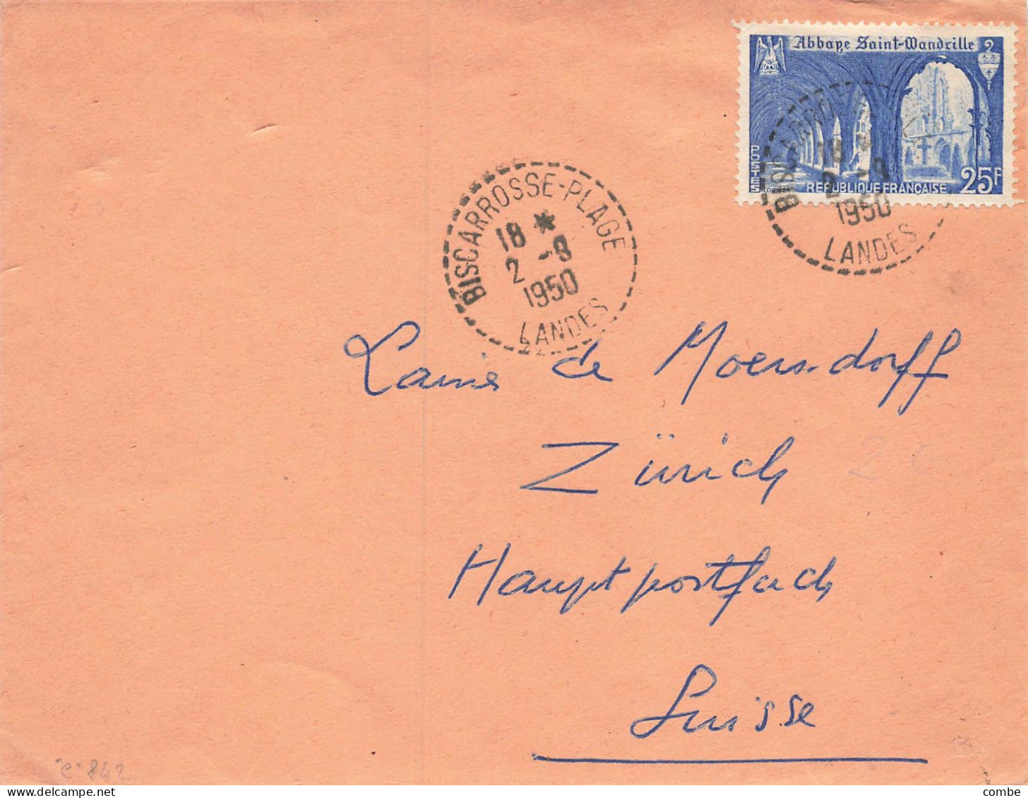 LETTRE. 2 8 50. N° 842 SEUL. BISCAROSSE PLAGE POUR ZURICH SUISSE - 1921-1960: Periodo Moderno