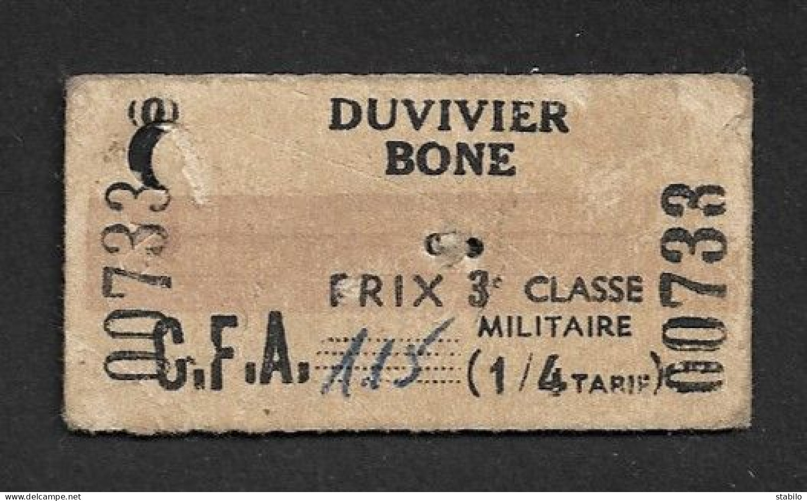 TICKET - DUVIVIER-BONE - 3E CLASSE MILITAIRE - FORMAT 5.7 X 3 CM - Europa