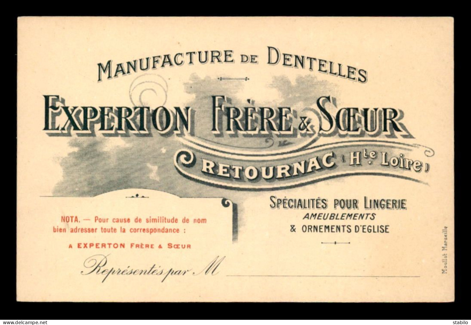 CARTE DE VISITE - MANUFACTURE DE DENTELLES EXPERTON FRERE & SOEUR, RETOURNAC (HAUTE-LOIRE) - Visitekaartjes