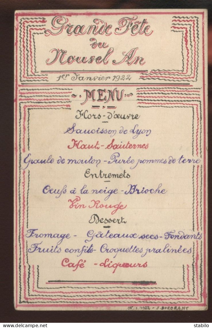 MENU - NOUVEL AN 1922 SUR CARTE FRANCHISE MILITAIRE - Menükarten