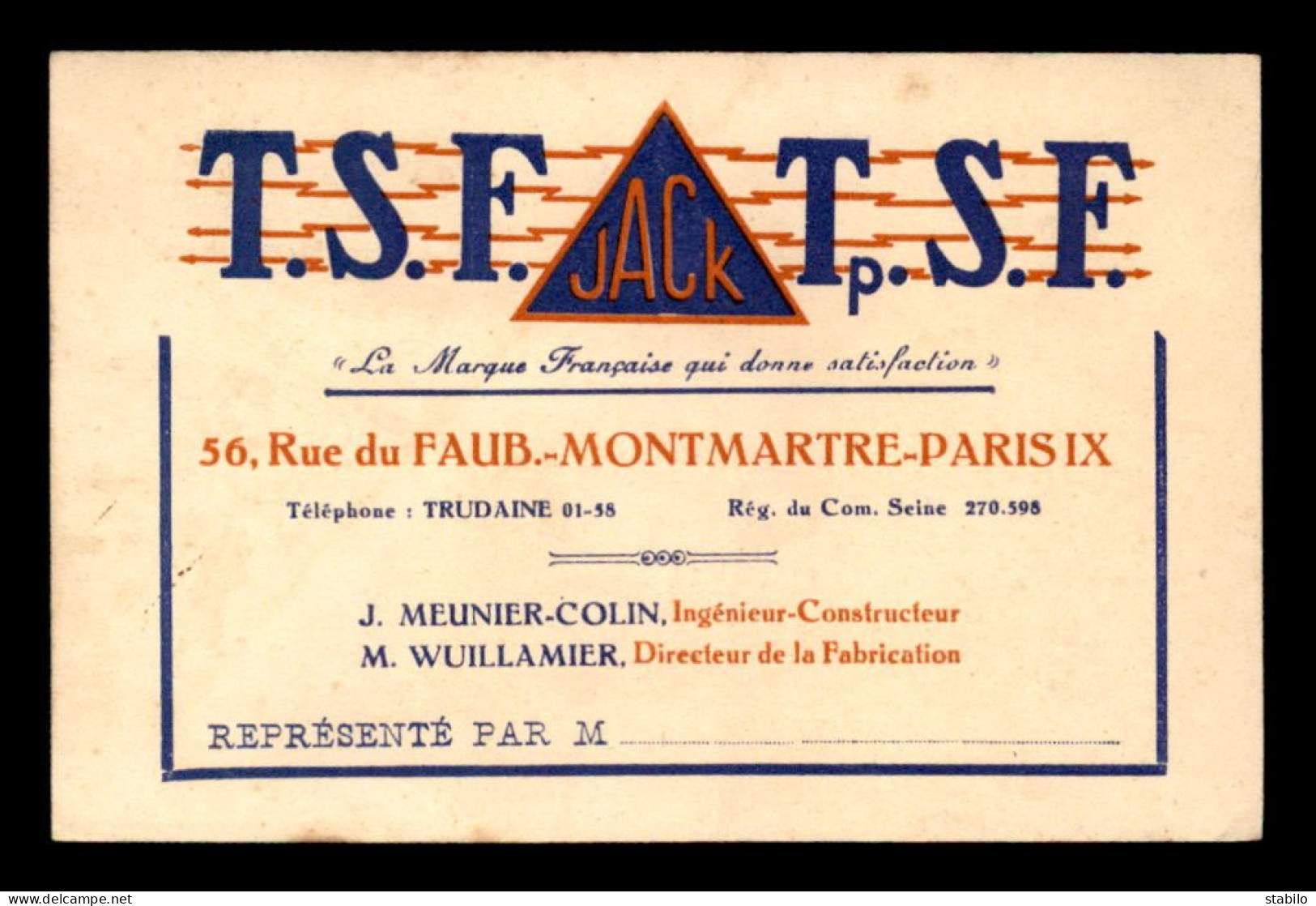 CARTE DE VISITE - T.S.F. JACK, 56 RUE DU FG MONTMARTRE PARIS 9EME - FORMAT 12 X 7.8 CM - Cartes De Visite