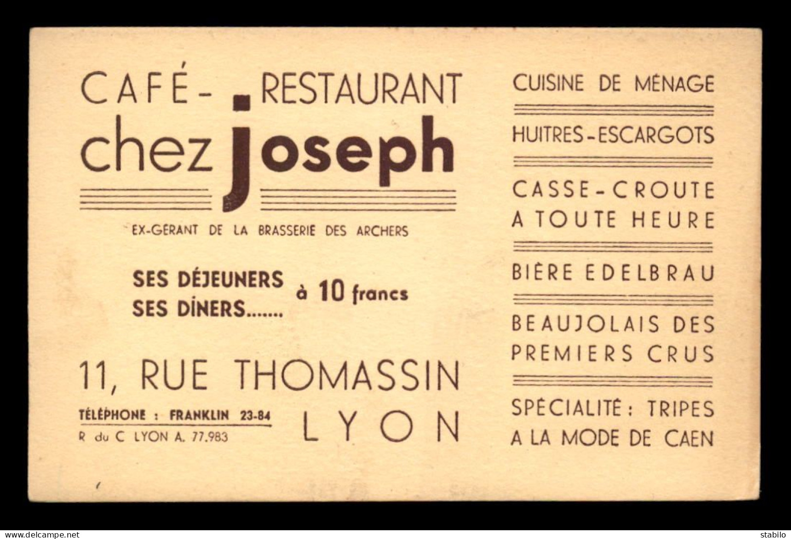 CARTE DE VISITE - CAFE-RESTAURANT "CHEZ JOSEPH" 11 RUE THOMASSIN, LYON - FORMAT 8.5 X 13 CM - Tarjetas De Visita