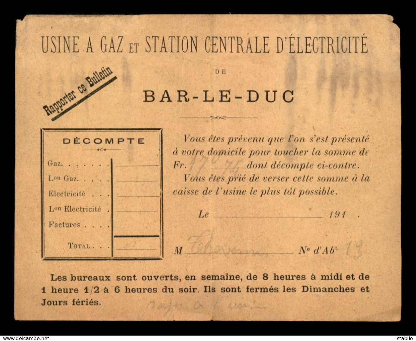 BULLETIN - USINE A GAZ ET STATION CENTRALE D'ELECTRICITE DE BAR-LE-DUC (MEUSE) - Electricité & Gaz