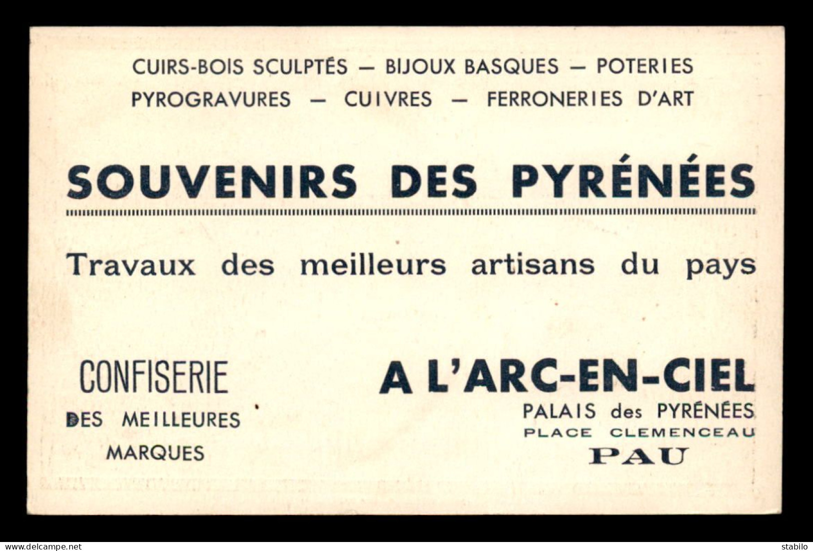 CARTE DE VISITE - SOUVENIRS DES PYRENEES "A L'ARC EN CIEL" PLACE CLEMENCEAU, PAU - Tarjetas De Visita