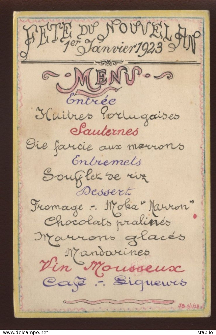 MENU - NOUVEL AN 1923 SUR CARTE FRANCHISE MILITAIRE - Menus