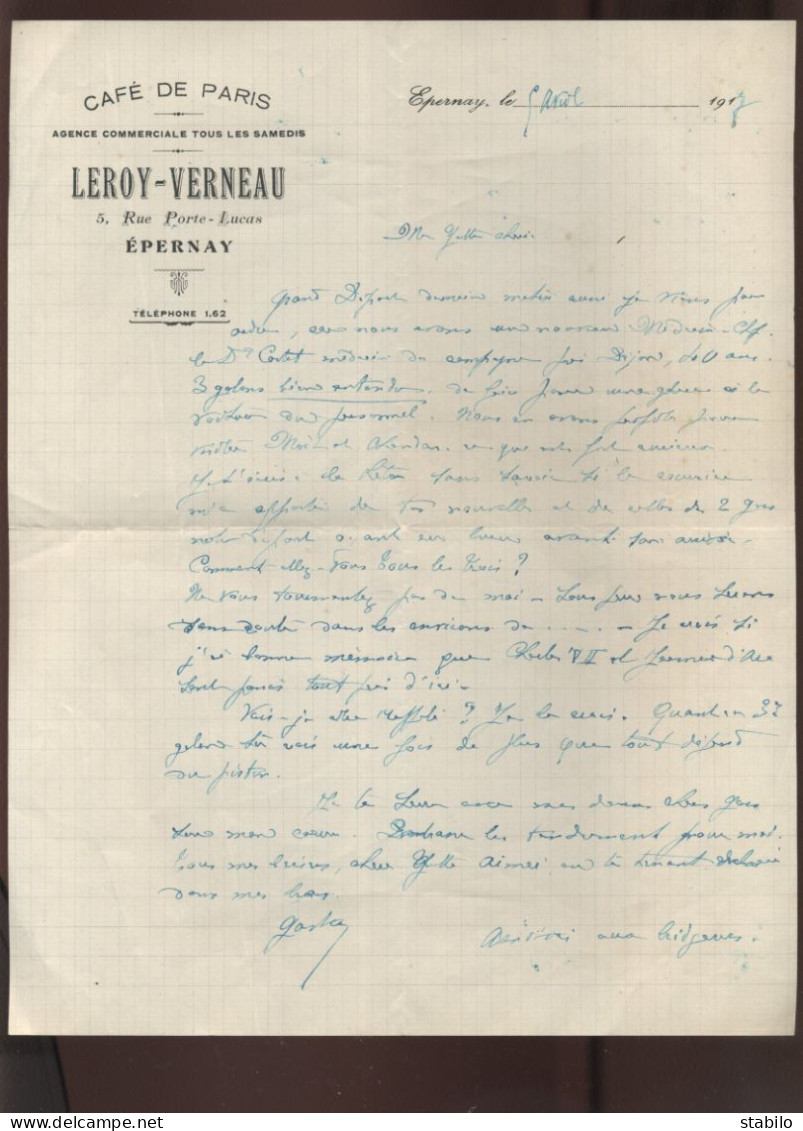 CAFE DE PARIS LEROY-VERNEAU EPERNAY (MARNE) - COURRIER DE 1917 - Lebensmittel