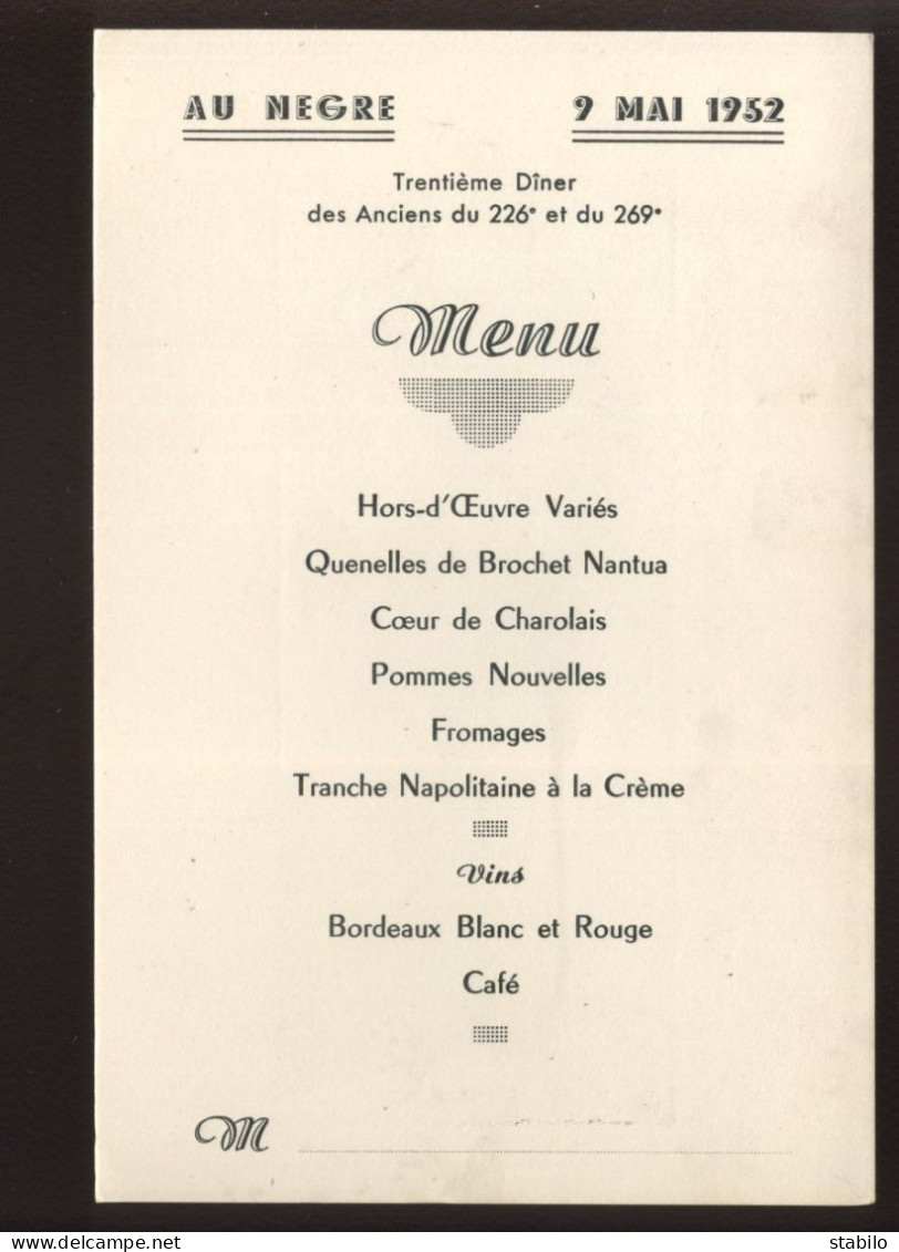 MENU - ILLUSTRATEUR JEAN DROIT (1884-1961), LT AU 226E R.I. - 30EME DINER DES ANCIENS DU 226 ET DU 269 - 9 MAI 1952 - Menus