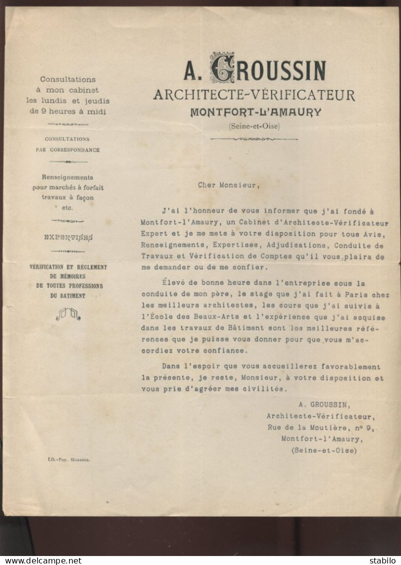 ARCHITECTE A. GROUSSIN, MONTFORT-L'AMAURY (YVELINES) - COURRIER PUBLICITAIRE - Autres & Non Classés