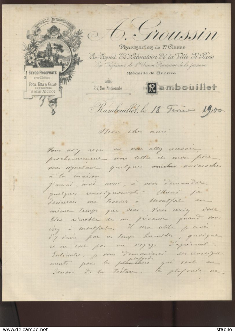 PHARMACIE A. GROUSSIN, 37 RUE NATIONALE RAMBOUILLET (YVELINES) - COURRIER DE FEVRIER 1900 - Sonstige & Ohne Zuordnung