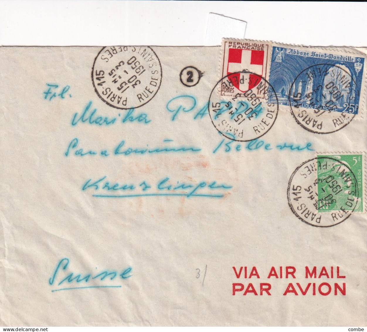 LETTRE. 30 3 50. PAR AVION. AFFRANCHISSEMENT COMPOSE. PARIS 115 POUR LA SUISSE - 1921-1960: Periodo Moderno