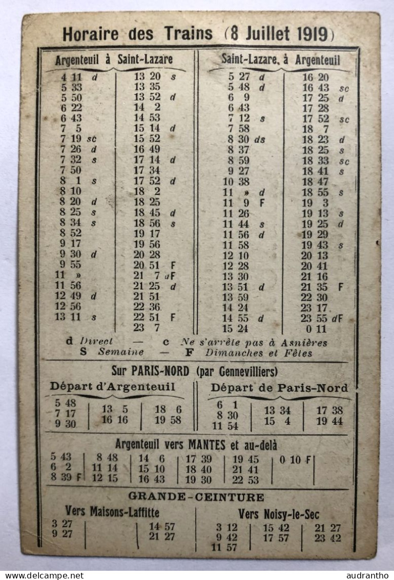 Ancienne Carte Publicitaire + Horaires Des Trains 1919 - Hôtel Du Grand Cerf Lemoine ARGENTEUIL - Advertising