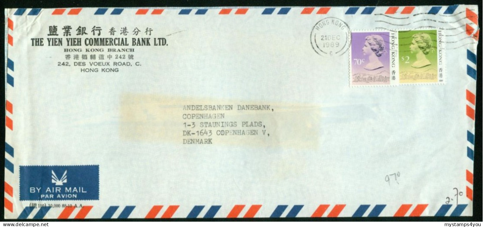 Br Hong Kong 1989 Cover (Yien Yieh Commercial Bank) > Denmark #bel-1057 - Lettres & Documents
