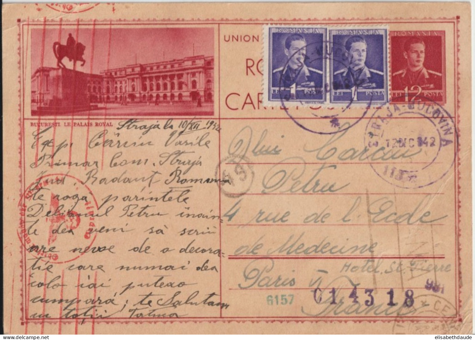 ROUMANIE - 1942 - CP ENTIER ILLUSTREE BILDPOSTKARTE (BUCURESTI) De STRAJA-BUCOVINA CACHET VIOLET ! => PARIS Avec CENSURE - Postal Stationery