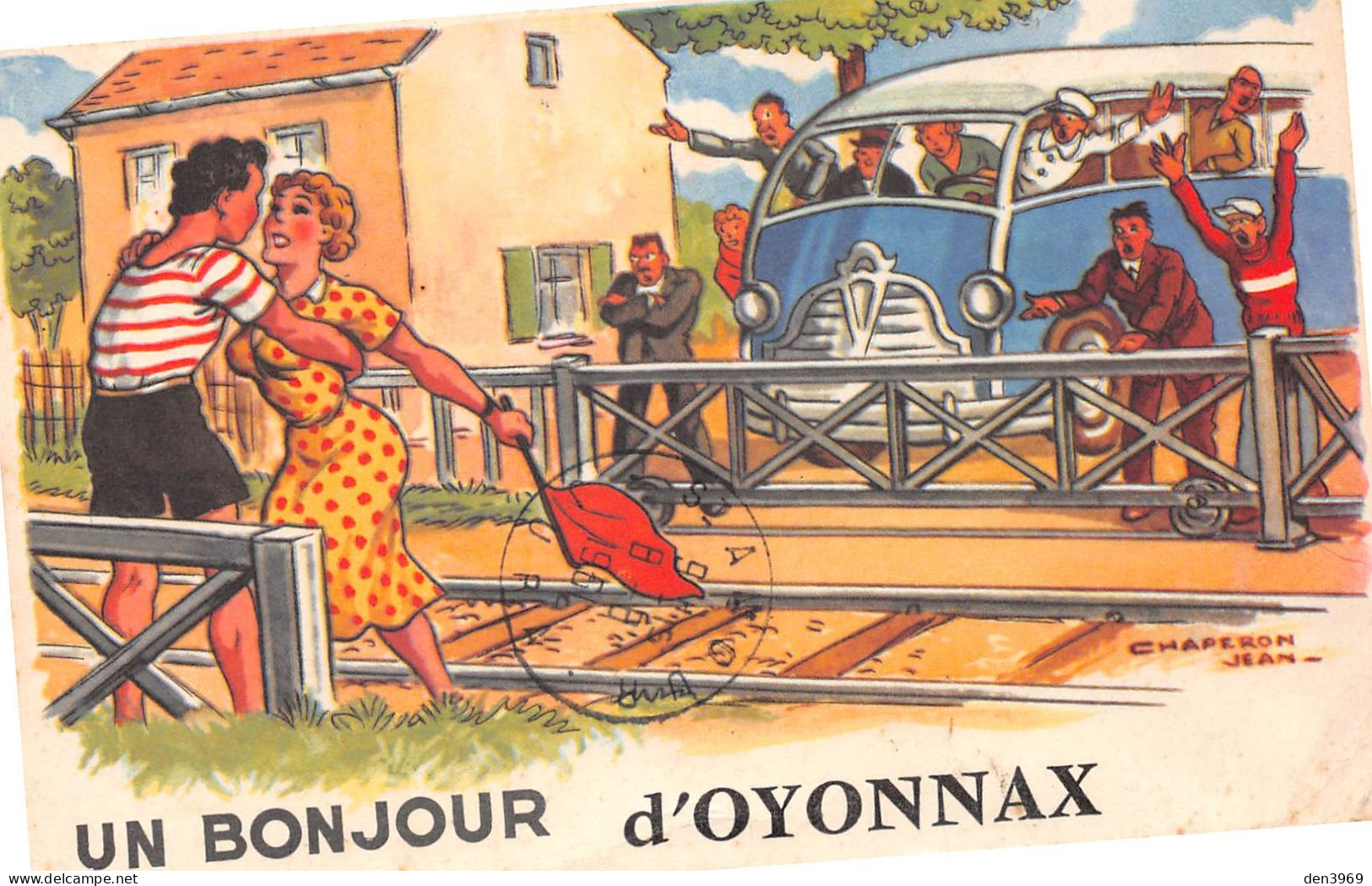 Un Bonjour D'OYONNAX (Ain) - Illustrateur Jean Chaperon - Pin-up, Autobus, Passage à Niveau - Voyagé (2 Scans) - Oyonnax