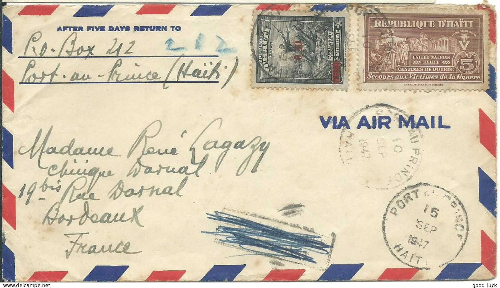 HAITI  LETTRE 5,30$ PORT AU PRINCE POUR BORDEAUX ( GIRONDE ) DE 1947 LETTRE COVER - Haiti