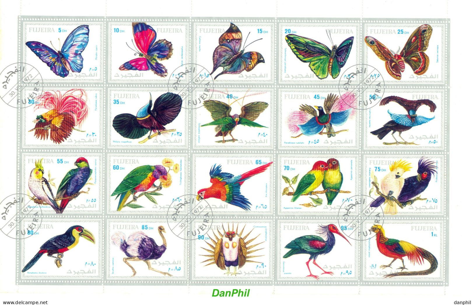 Fujeira 1972 Mi#1160-1179 "Exotic Butterflies & Birds" - Gest. CTO - Papegaaien, Parkieten